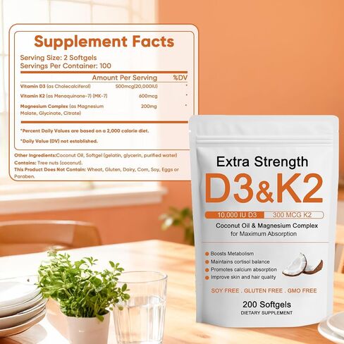 D3 K2 Vitamin 10000 IU Supplements, D3 & K2 Magnesium Complex Softgels, D3 + K2 (Mk-7) | Extra Strength Support Bone & Immune | Improve Energy | Non-GMO, 200 Softgels (1) (1) in Saudi Arabia