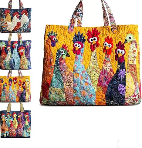 Quilted Tote Bags，Chicken Vintage Tote Bag, Large Cotton Hobo Shoulder Handbag, Casual Bags for Women Daily Outdoor Shopping in Saudi Arabia
