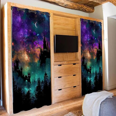 Starry Night Sky Doorway Curtain, Fantasy Castles Magic Enchanted Forest Closet Door Cover Curtain for Kids Boys Girls Teens Bedroom Living Room 1 Panel 34" W X 80" L in Saudi Arabia