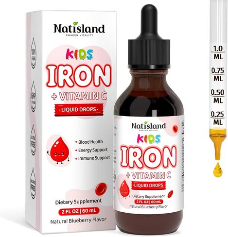 Liquid Iron for Kids, Iron Supplements for Kids with Vitamin C & Lactoferrin for Healthy Iron Levels, Energy & Blood Health, Sugar Free, Alcohol-Free, Blueberry Flavor, 2 FL OZ in Saudi Arabia