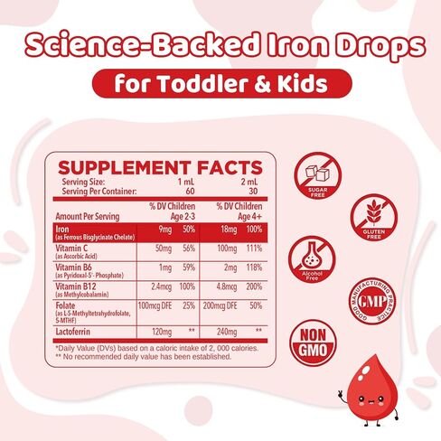 Liquid Iron for Kids, Iron Supplements for Kids with Vitamin C & Lactoferrin for Healthy Iron Levels, Energy & Blood Health, Sugar Free, Alcohol-Free, Blueberry Flavor, 2 FL OZ in Saudi Arabia
