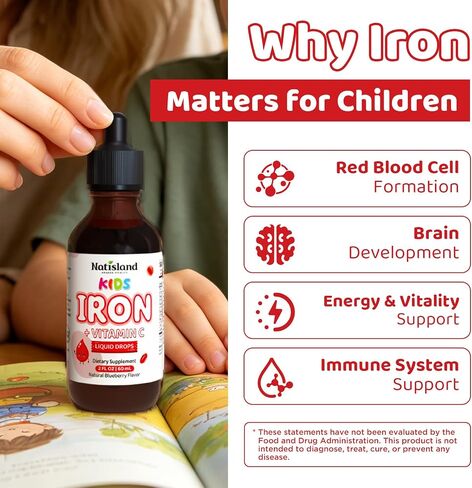 Liquid Iron for Kids, Iron Supplements for Kids with Vitamin C & Lactoferrin for Healthy Iron Levels, Energy & Blood Health, Sugar Free, Alcohol-Free, Blueberry Flavor, 2 FL OZ in Saudi Arabia