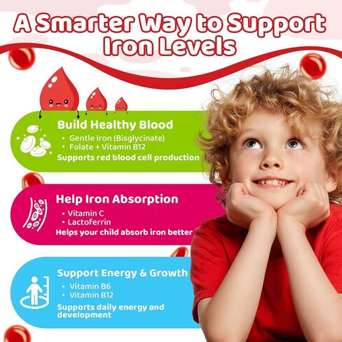 Liquid Iron for Kids, Iron Supplements for Kids with Vitamin C & Lactoferrin for Healthy Iron Levels, Energy & Blood Health, Sugar Free, Alcohol-Free, Blueberry Flavor, 2 FL OZ in Saudi Arabia