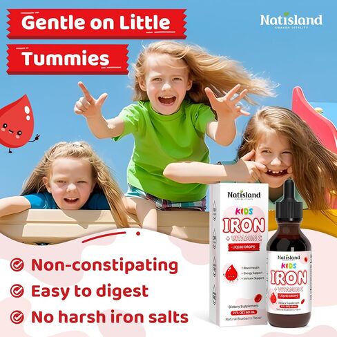 Liquid Iron for Kids, Iron Supplements for Kids with Vitamin C & Lactoferrin for Healthy Iron Levels, Energy & Blood Health, Sugar Free, Alcohol-Free, Blueberry Flavor, 2 FL OZ in Saudi Arabia