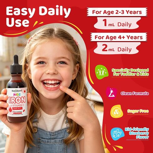 Liquid Iron for Kids, Iron Supplements for Kids with Vitamin C & Lactoferrin for Healthy Iron Levels, Energy & Blood Health, Sugar Free, Alcohol-Free, Blueberry Flavor, 2 FL OZ in Saudi Arabia