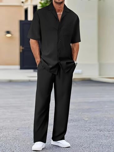 Men's Solid Color Casual Suit-Inspired Short Sleeve Shirt & Loose Straight Pants 2 pcs Set in Kuwait