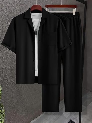 Men's Solid Color Casual Suit-Inspired Short Sleeve Shirt & Loose Straight Pants 2 pcs Set in Kuwait