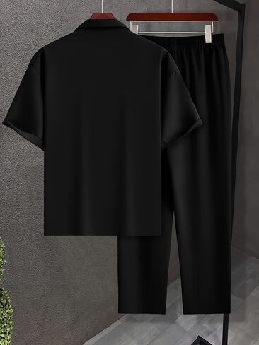 Men's Solid Color Casual Suit-Inspired Short Sleeve Shirt & Loose Straight Pants 2 pcs Set in Kuwait