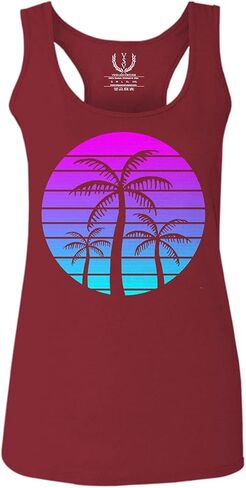 0388. Summer Vacations Vaporwave Palm Trees Aesthetics Art Sunset Beach Women's Tank Top Racerback in Saudi Arabia