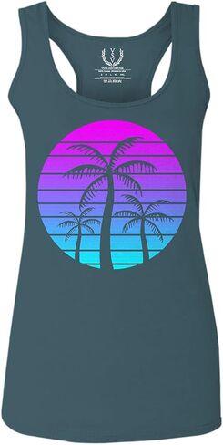 0388. Summer Vacations Vaporwave Palm Trees Aesthetics Art Sunset Beach Women's Tank Top Racerback in Saudi Arabia