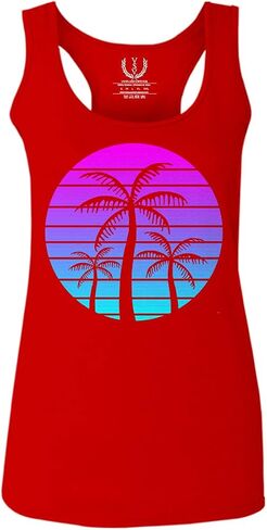 0388. Summer Vacations Vaporwave Palm Trees Aesthetics Art Sunset Beach Women's Tank Top Racerback in Saudi Arabia