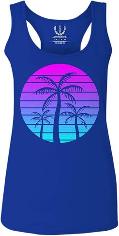 0388. Summer Vacations Vaporwave Palm Trees Aesthetics Art Sunset Beach Women's Tank Top Racerback in Saudi Arabia
