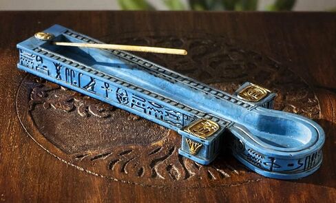 Ebros Gift Egyptian Beautiful Blue Hieroglyphic Symbols Golden Cartouche Ankh Key Incense Stick Burner Holder Figurine Gods of Egypt Talisman of Balance Health and Life Force in Kuwait