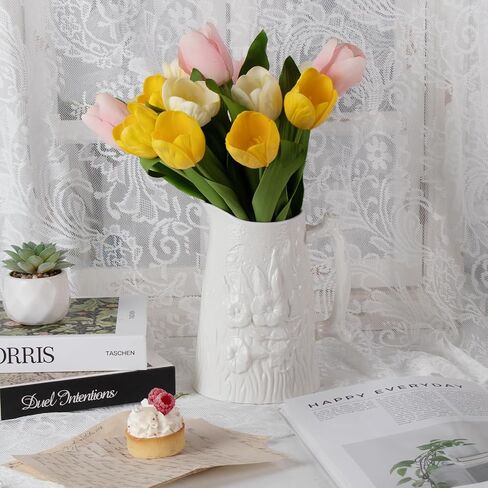 Ceramic Vase with Handle, Unique White Flower Vases for Bouquet, Bud, Mordern Decorative for Home, Office, Centerpieces, Kitchen, Living Room, Bedroom in Saudi Arabia