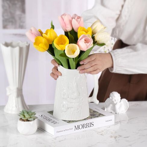 Ceramic Vase with Handle, Unique White Flower Vases for Bouquet, Bud, Mordern Decorative for Home, Office, Centerpieces, Kitchen, Living Room, Bedroom in Saudi Arabia