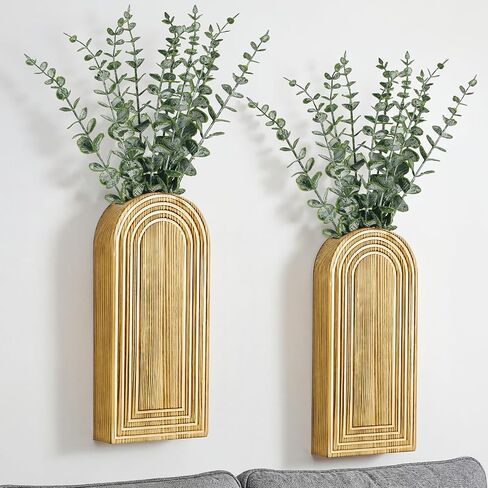 Wooden Wall Vase with 20 Eucalyptus, 2 Mount Options, Black, 2 Pcs | Wall Mount, Adhesive Mount, Boho Wall Decor, for Entryway, Hallway, Living Room, Dining Room, Bathroom, Bedroom in Kuwait