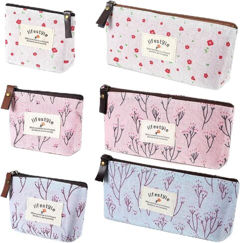 Small Makeup Bag for Purse, 6 Pcs 2 Sizes Canvas Floral Small Zipper Pouch Portable Cute Linen Fabric Mini Cosmetic Bag for Women Girls Home Travel Lipstick Coin Cards Storage (3 Style) in Kuwait