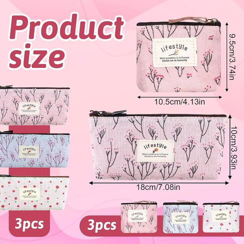 Small Makeup Bag for Purse, 6 Pcs 2 Sizes Canvas Floral Small Zipper Pouch Portable Cute Linen Fabric Mini Cosmetic Bag for Women Girls Home Travel Lipstick Coin Cards Storage (3 Style) in Kuwait