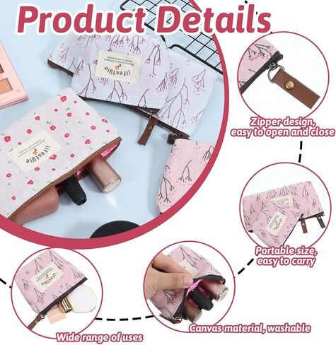 Small Makeup Bag for Purse, 6 Pcs 2 Sizes Canvas Floral Small Zipper Pouch Portable Cute Linen Fabric Mini Cosmetic Bag for Women Girls Home Travel Lipstick Coin Cards Storage (3 Style) in Kuwait