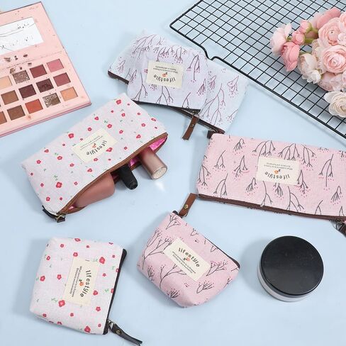 Small Makeup Bag for Purse, 6 Pcs 2 Sizes Canvas Floral Small Zipper Pouch Portable Cute Linen Fabric Mini Cosmetic Bag for Women Girls Home Travel Lipstick Coin Cards Storage (3 Style) in Kuwait