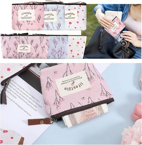 Small Makeup Bag for Purse, 6 Pcs 2 Sizes Canvas Floral Small Zipper Pouch Portable Cute Linen Fabric Mini Cosmetic Bag for Women Girls Home Travel Lipstick Coin Cards Storage (3 Style) in Kuwait