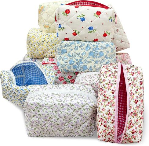 12 PCS Cotton Quilted Makeup Bags Bulk with Zipper-Graduation Gifts Floral Bridesmaid Gifts Cosmetic Makeup Pouch Birthday Gifts for Women/Mothers Day/Teacher Appreciation Gift (12 Pack) in Saudi Arabia