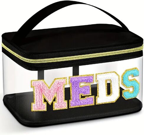 1pc Fashion PC Transparent Cosmetic Bag with Chenille MEDS Lettering, Portable Nylon Makeup Casewith Smooth Metal Zipper, Durable Handle,Multipurpose Toiletry Storage for Women Girls,Black in Kuwait