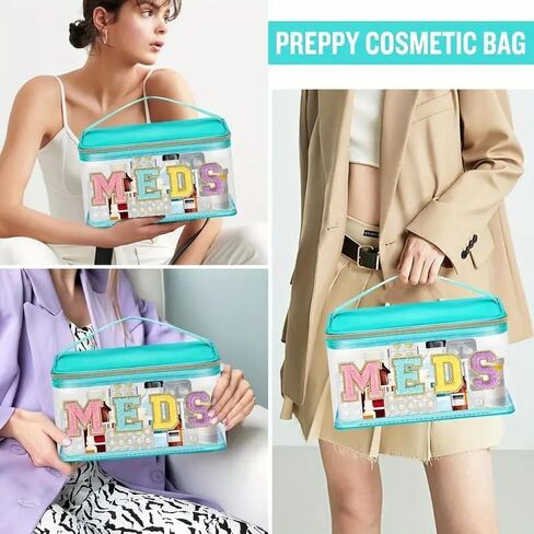 1pc Fashion PC Transparent Cosmetic Bag with Chenille MEDS Lettering, Portable Nylon Makeup Casewith Smooth Metal Zipper, Durable Handle,Multipurpose Toiletry Storage for Women Girls,Black in Kuwait