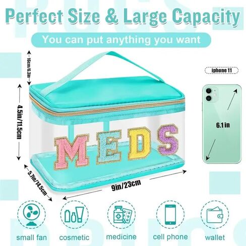 1pc Fashion PC Transparent Cosmetic Bag with Chenille MEDS Lettering, Portable Nylon Makeup Casewith Smooth Metal Zipper, Durable Handle,Multipurpose Toiletry Storage for Women Girls,Black in Kuwait