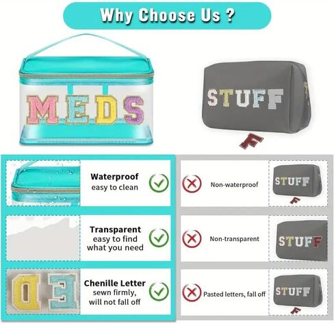 1pc Fashion PC Transparent Cosmetic Bag with Chenille MEDS Lettering, Portable Nylon Makeup Casewith Smooth Metal Zipper, Durable Handle,Multipurpose Toiletry Storage for Women Girls,Black in Kuwait