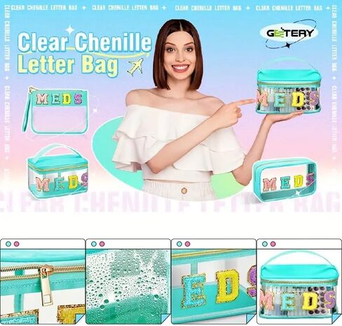 1pc Fashion PC Transparent Cosmetic Bag with Chenille MEDS Lettering, Portable Nylon Makeup Casewith Smooth Metal Zipper, Durable Handle,Multipurpose Toiletry Storage for Women Girls,Black in Kuwait