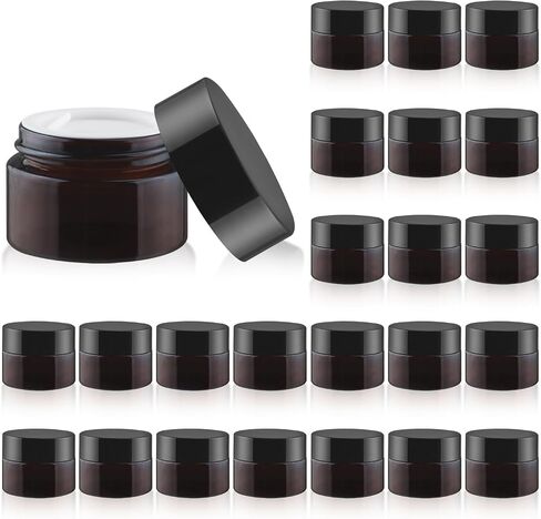 24 Pcs Amber Glass Jars Round Small Glass Jars Empty Refillable Cosmetic Containers with Inner Liners & Black Lids for Make Up Sample Powder Cream Lotion Spice - 15g/0.5oz in Saudi Arabia