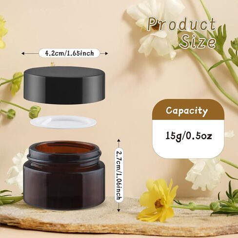 24 Pcs Amber Glass Jars Round Small Glass Jars Empty Refillable Cosmetic Containers with Inner Liners & Black Lids for Make Up Sample Powder Cream Lotion Spice - 15g/0.5oz in Saudi Arabia
