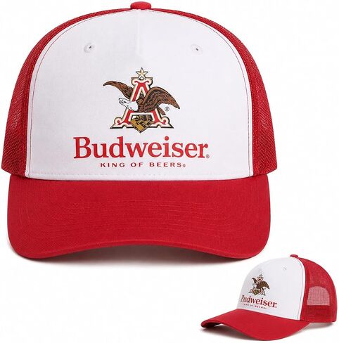 قبعة Calhoun Budweiser Trucker - قبعة Snapback منظمة بشعار King of Beers، قبعة بيسبول شبكية باللونين الأحمر والأبيض للرجال in Kuwait