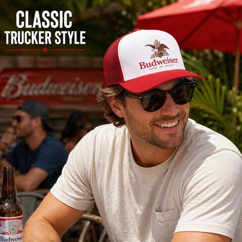 قبعة Calhoun Budweiser Trucker - قبعة Snapback منظمة بشعار King of Beers، قبعة بيسبول شبكية باللونين الأحمر والأبيض للرجال in Kuwait