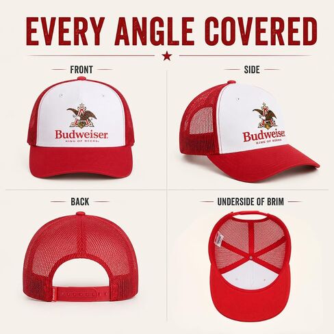 قبعة Calhoun Budweiser Trucker - قبعة Snapback منظمة بشعار King of Beers، قبعة بيسبول شبكية باللونين الأحمر والأبيض للرجال in Kuwait