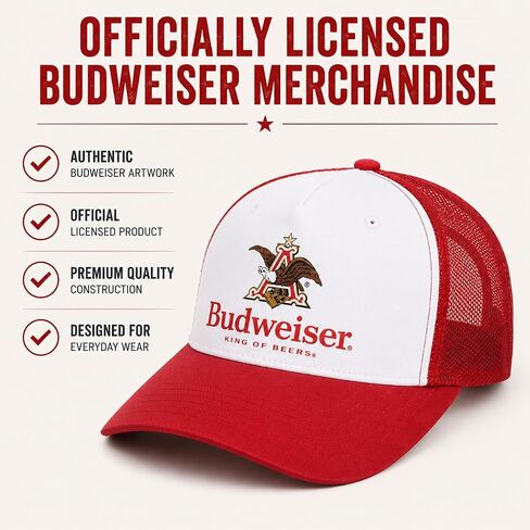 قبعة Calhoun Budweiser Trucker - قبعة Snapback منظمة بشعار King of Beers، قبعة بيسبول شبكية باللونين الأحمر والأبيض للرجال in Kuwait