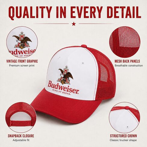 قبعة Calhoun Budweiser Trucker - قبعة Snapback منظمة بشعار King of Beers، قبعة بيسبول شبكية باللونين الأحمر والأبيض للرجال in Kuwait