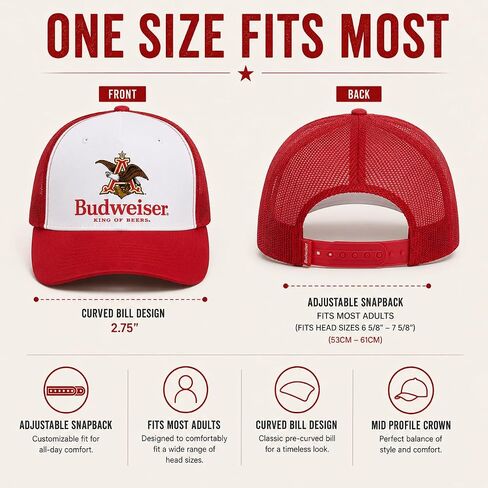 قبعة Calhoun Budweiser Trucker - قبعة Snapback منظمة بشعار King of Beers، قبعة بيسبول شبكية باللونين الأحمر والأبيض للرجال in Kuwait