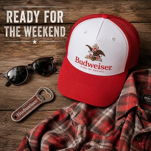 قبعة Calhoun Budweiser Trucker - قبعة Snapback منظمة بشعار King of Beers، قبعة بيسبول شبكية باللونين الأحمر والأبيض للرجال in Kuwait
