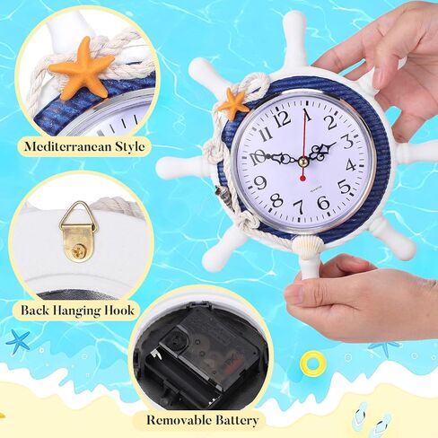 Amosfun عجلة القيادة ساعة حائط نمط البحر الأبيض المتوسط ​​ديكور المنزل بحري حفلة جدار زخرفة ساعة صامتة هدايا الحفلات in Kuwait