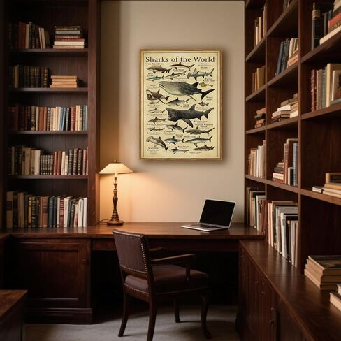Framed Sharks Wall Art Educational Shark Poster Vintage Marine Biology Picture Nautical Sea Life Painting Ocean Animal Art Print for Kids Room, Bathroom, Classroom, Office Décor 12x16 inch in Saudi Arabia
