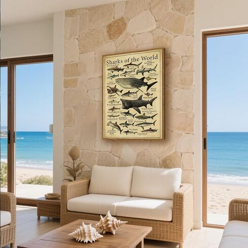 Framed Sharks Wall Art Educational Shark Poster Vintage Marine Biology Picture Nautical Sea Life Painting Ocean Animal Art Print for Kids Room, Bathroom, Classroom, Office Décor 12x16 inch in Saudi Arabia