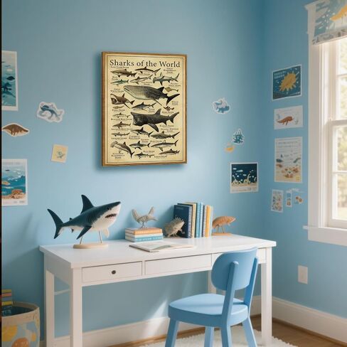 Framed Sharks Wall Art Educational Shark Poster Vintage Marine Biology Picture Nautical Sea Life Painting Ocean Animal Art Print for Kids Room, Bathroom, Classroom, Office Décor 12x16 inch in Saudi Arabia