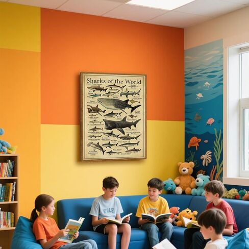 Framed Sharks Wall Art Educational Shark Poster Vintage Marine Biology Picture Nautical Sea Life Painting Ocean Animal Art Print for Kids Room, Bathroom, Classroom, Office Décor 12x16 inch in Saudi Arabia