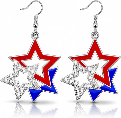 4E's Novelty 4th of July Earrings for Women Patriotic Red White and Blue Dangle Drop, Zinc Alloy Sparkly Star Earrings, Independence Day Earrings, Outfit Accessories Jewelry Gift (3 Star) in Kuwait