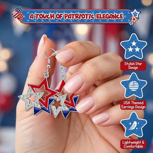 4E's Novelty 4th of July Earrings for Women Patriotic Red White and Blue Dangle Drop, Zinc Alloy Sparkly Star Earrings, Independence Day Earrings, Outfit Accessories Jewelry Gift (3 Star) in Kuwait