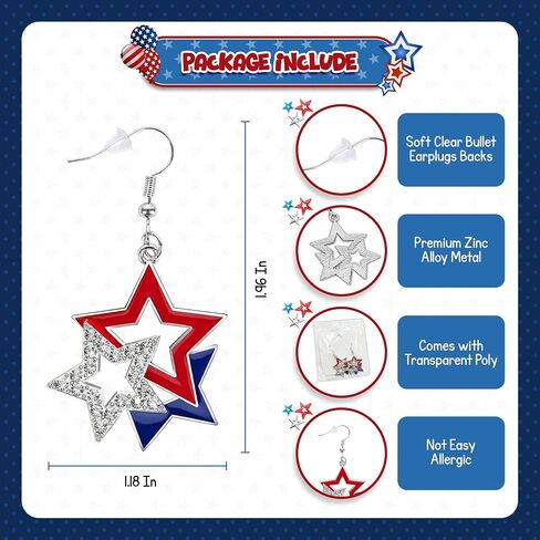 4E's Novelty 4th of July Earrings for Women Patriotic Red White and Blue Dangle Drop, Zinc Alloy Sparkly Star Earrings, Independence Day Earrings, Outfit Accessories Jewelry Gift (3 Star) in Kuwait