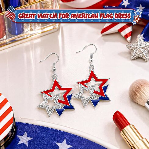 4E's Novelty 4th of July Earrings for Women Patriotic Red White and Blue Dangle Drop, Zinc Alloy Sparkly Star Earrings, Independence Day Earrings, Outfit Accessories Jewelry Gift (3 Star) in Kuwait