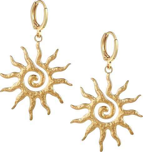 Dreuyet Golden Sun Huggie هوب أقراط للنساء مكتنزة دوامة الشمس تتدلى أقراط خفيفة الوزن بيان حفلة موسيقية اكسسوارات مجوهرات هدايا in Kuwait